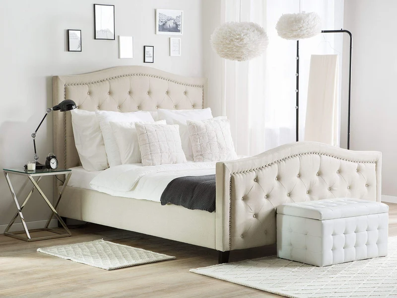 Lit Double en Tissu Beige 160 x 200 cm Confortable de Style Traditionnel pour Chambre Rétro ou Classique Beliani