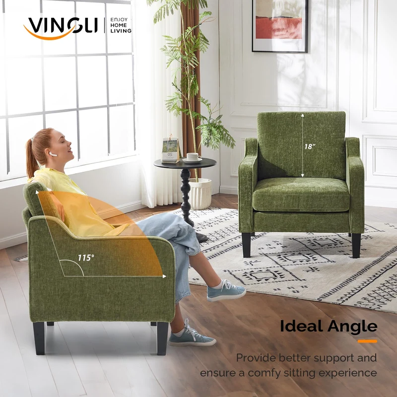VINGLI Chaise d'appoint vert olive pour salon, chambre à coucher – Fauteuil moderne du milieu du siècle, siège rembourré confortable pour appartement, salle d'attente