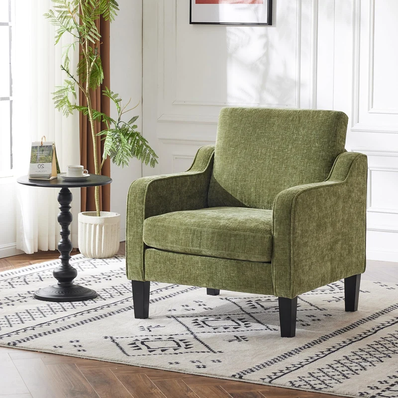 VINGLI Chaise d'appoint vert olive pour salon, chambre à coucher – Fauteuil moderne du milieu du siècle, siège rembourré confortable pour appartement, salle d'attente