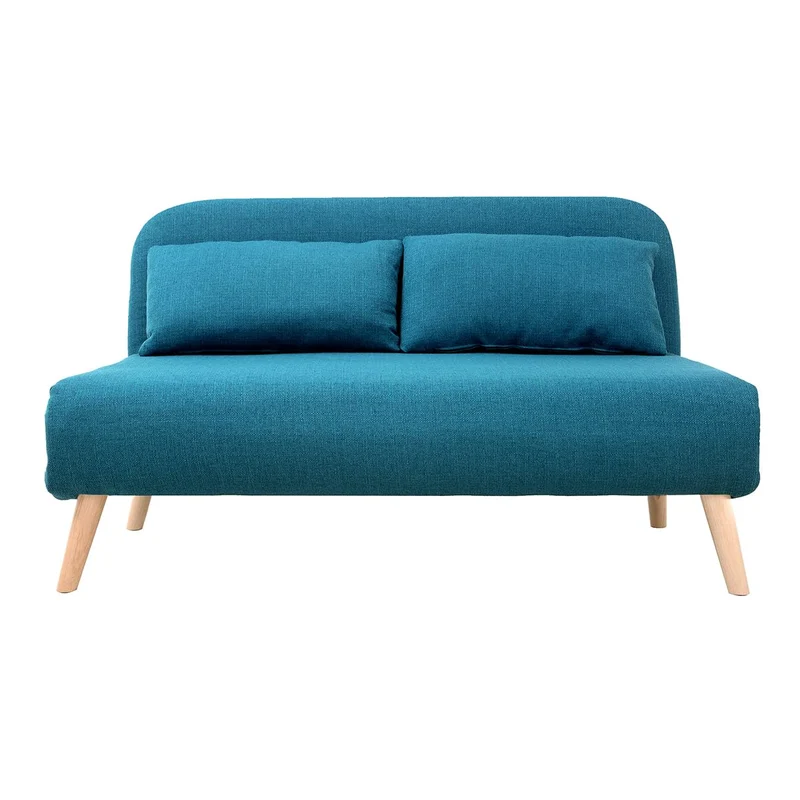 Miliboo Chauffeuse 2 Places Convertible en Tissu Bleu Canard et Bois Clair AMIKO