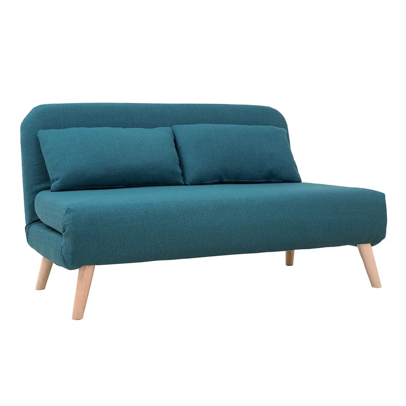 Miliboo Chauffeuse 2 Places Convertible en Tissu Bleu Canard et Bois Clair AMIKO