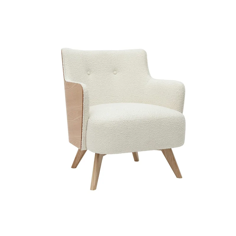 Miliboo Fauteuil scandinave en Tissu Effet Laine bouclée Blanc cassé et Bois Clair VALMY