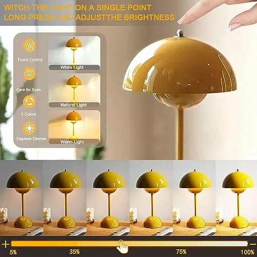 Lampe de table LED rouge foncé en forme de pot de fleurs – Lampe de bureau tactile sans fil à intensité variable avec batterie – 3 modes de luminosité – Lumière décorative rétro pour chambre à