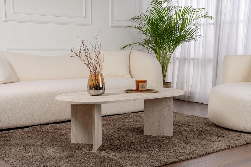 Hanah Home Élégante Table à café, Travertine, 119 x 39,8 x 60 cm, 100% mélamine, épaisseur 18 mm, Design élégant en marbre pour espaces de Vie Modernes