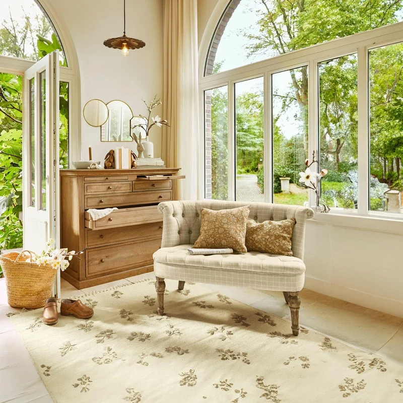 Loberon Weralin - Canapé Chesterfield classique à carreaux - Rembourrage fixe - Lin, coton, chêne - Beige