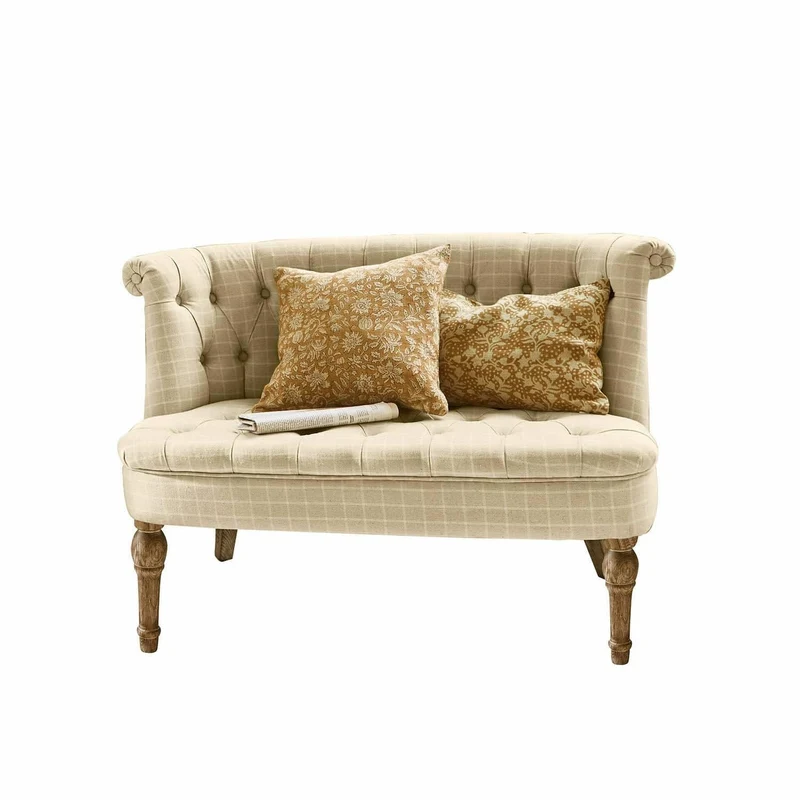 Loberon Weralin - Canapé Chesterfield classique à carreaux - Rembourrage fixe - Lin, coton, chêne - Beige