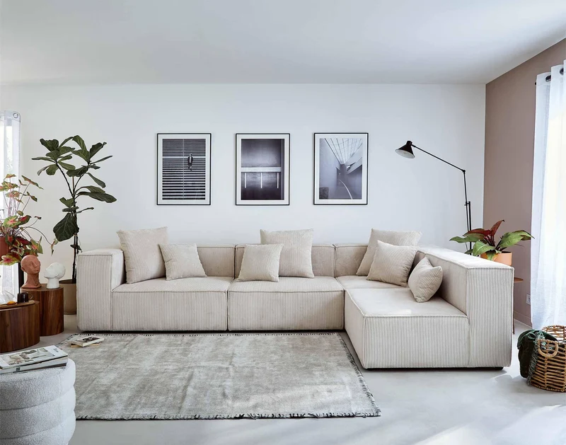 Lisa Design - Canapé Modulable d'angle Droit - Colombine en Velours Côtelé - Sofa Beige 5 Places - Salon