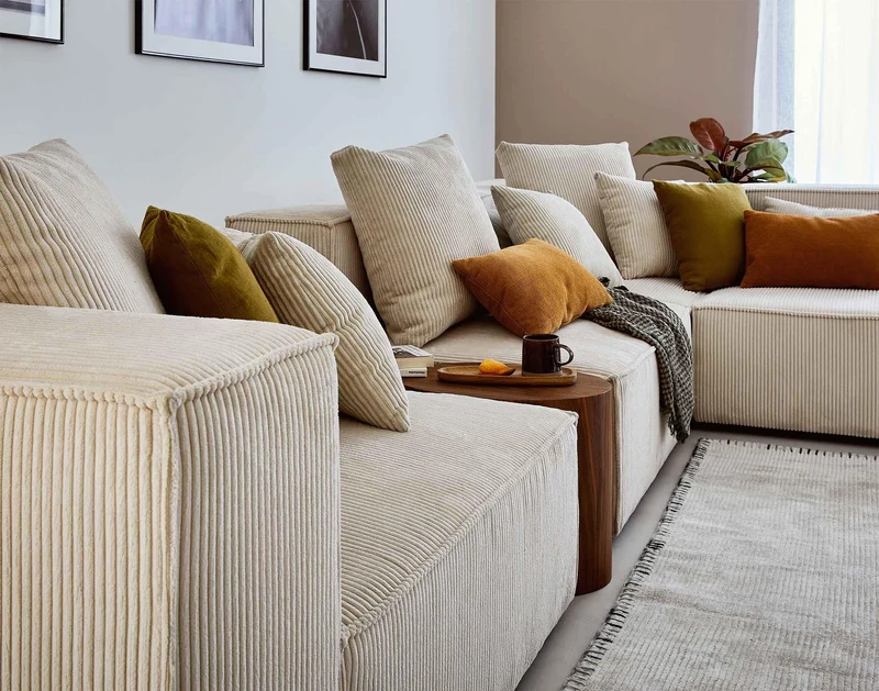 Lisa Design - Canapé Modulable d'angle Droit - Colombine en Velours Côtelé - Sofa Beige 5 Places - Salon