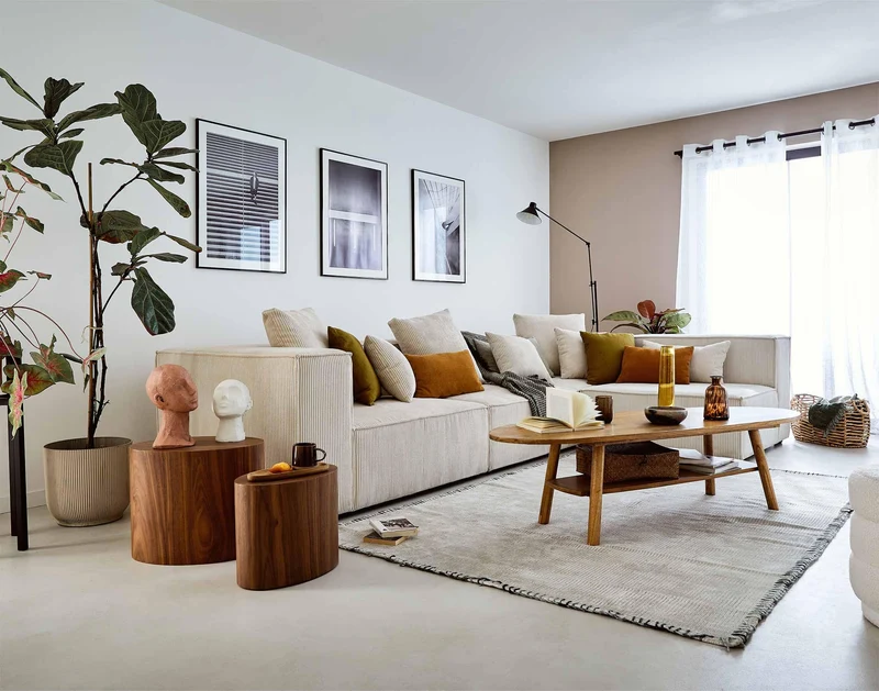 Lisa Design - Canapé Modulable d'angle Droit - Colombine en Velours Côtelé - Sofa Beige 5 Places - Salon