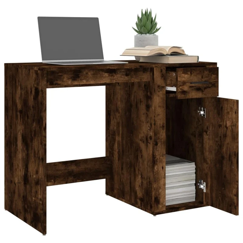 vidaXL Bureau, Table d'Ordinateur avec 1 Tiroir et 1 Armoire, Bureau Informatique avec Rangement Intérieur, Moderne, Chêne Fumé Bois d'Ingénierie