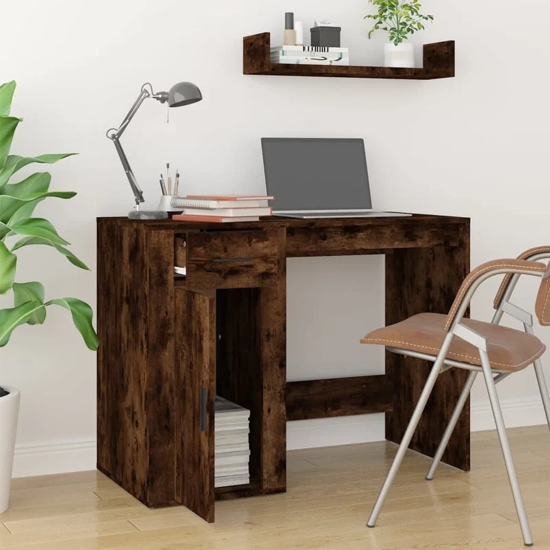 vidaXL Bureau, Table d'Ordinateur avec 1 Tiroir et 1 Armoire, Bureau Informatique avec Rangement Intérieur, Moderne, Chêne Fumé Bois d'Ingénierie