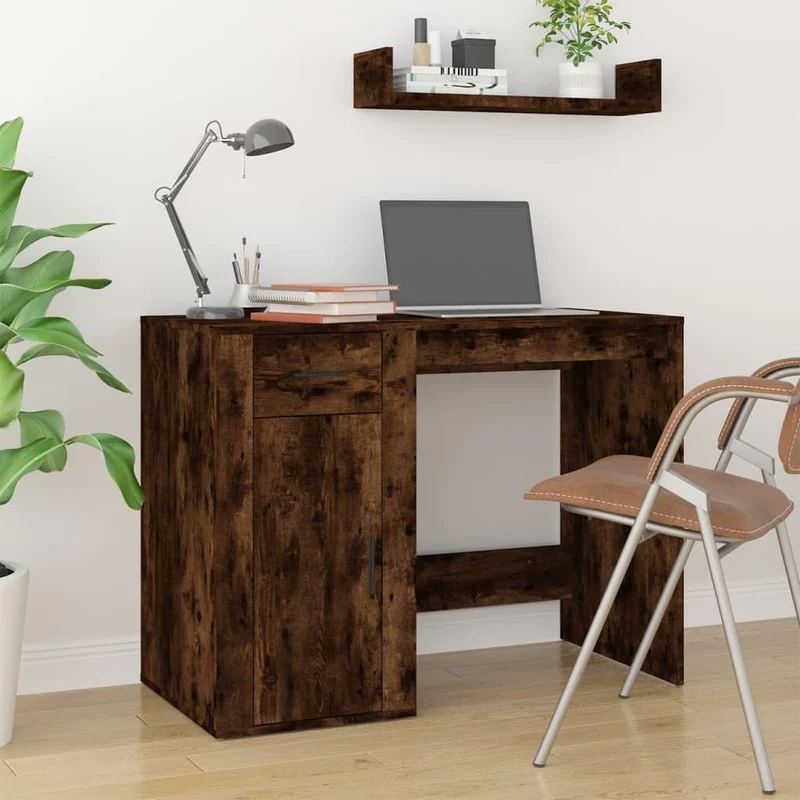 vidaXL Bureau, Table d'Ordinateur avec 1 Tiroir et 1 Armoire, Bureau Informatique avec Rangement Intérieur, Moderne, Chêne Fumé Bois d'Ingénierie