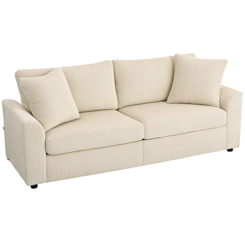 HOMCOM Canapé 3 Place Velours côtelé 210 cm, Design Moderne, 2 oreillers Inclus, Coussins à Ressorts, accoudoirs et Dossier rembourrés, pour Salon, Chambre, Bureau, crème