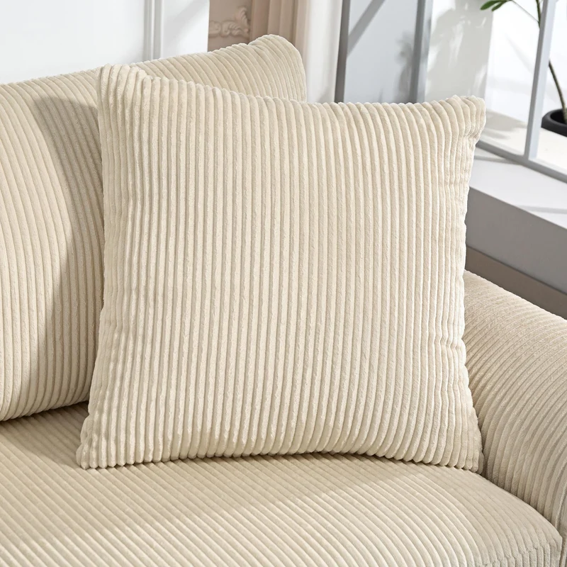 HOMCOM Canapé 3 Place Velours côtelé 210 cm, Design Moderne, 2 oreillers Inclus, Coussins à Ressorts, accoudoirs et Dossier rembourrés, pour Salon, Chambre, Bureau, crème