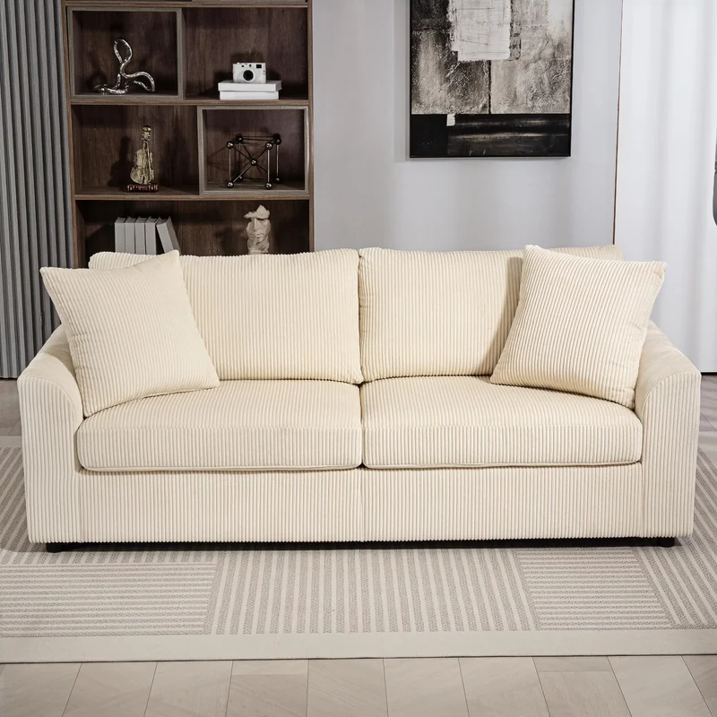 HOMCOM Canapé 3 Place Velours côtelé 210 cm, Design Moderne, 2 oreillers Inclus, Coussins à Ressorts, accoudoirs et Dossier rembourrés, pour Salon, Chambre, Bureau, crème