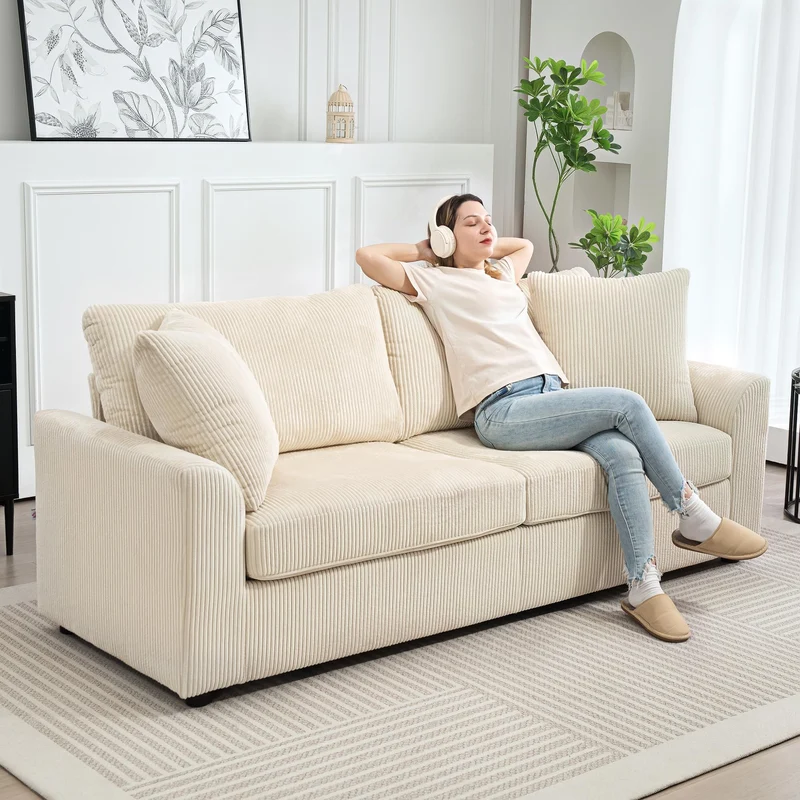 HOMCOM Canapé 3 Place Velours côtelé 210 cm, Design Moderne, 2 oreillers Inclus, Coussins à Ressorts, accoudoirs et Dossier rembourrés, pour Salon, Chambre, Bureau, crème