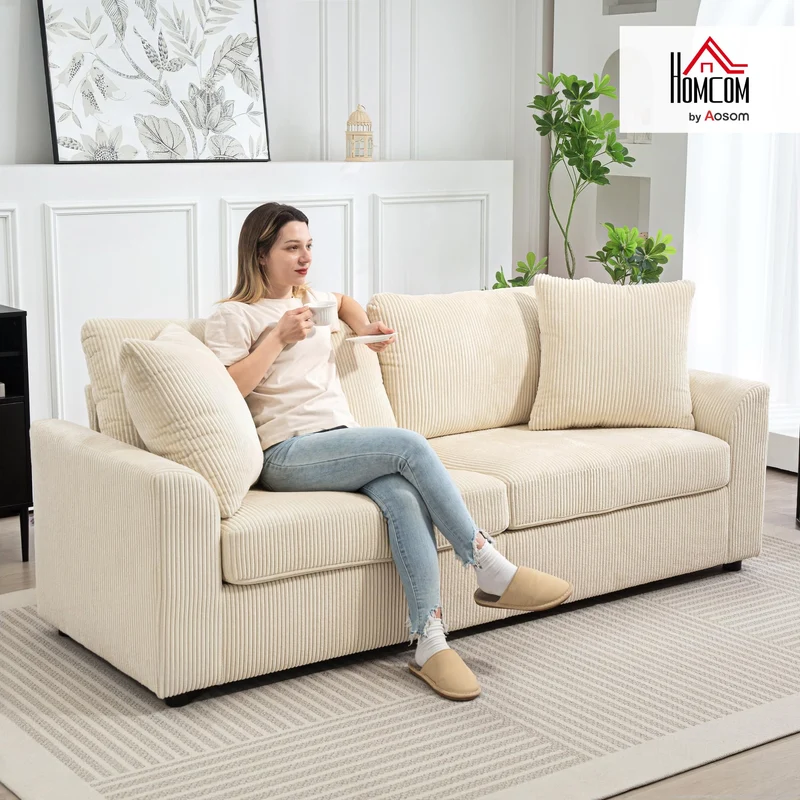 HOMCOM Canapé 3 Place Velours côtelé 210 cm, Design Moderne, 2 oreillers Inclus, Coussins à Ressorts, accoudoirs et Dossier rembourrés, pour Salon, Chambre, Bureau, crème