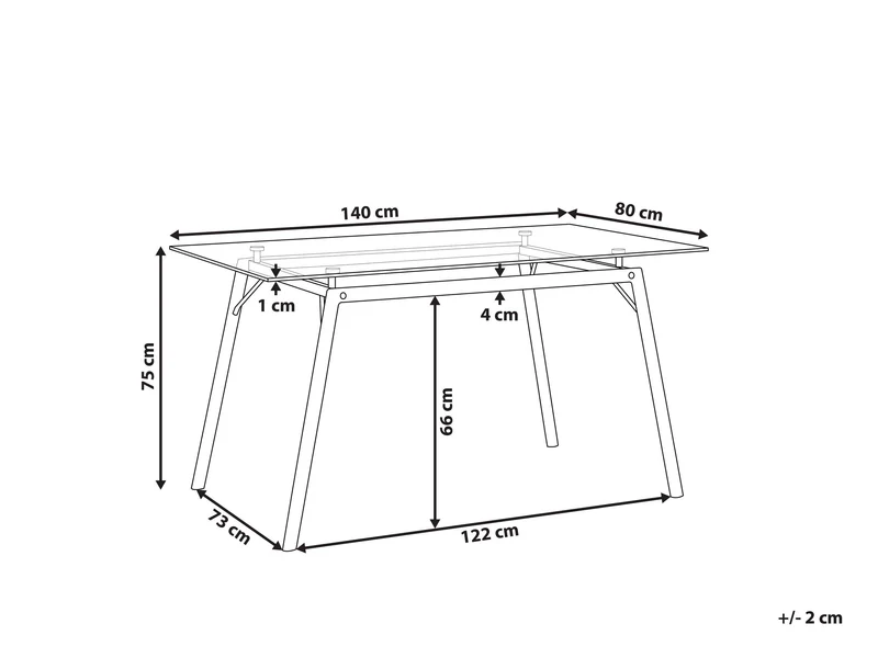 Table de Salle à Manger Design 140 x 80 cm Plateau en Verre de Sécurité et Pieds Métalliques Effet Bois pour Intérieur Moderne et Scandinave Beliani