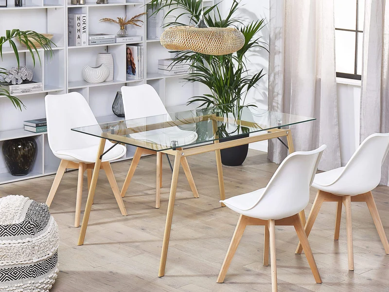 Table de Salle à Manger Design 140 x 80 cm Plateau en Verre de Sécurité et Pieds Métalliques Effet Bois pour Intérieur Moderne et Scandinave Beliani