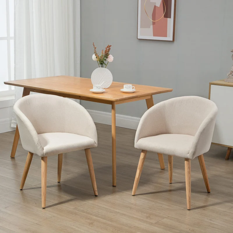 HOMCOM Lot de 2 chaises de Salle à Manger Chaise de Cuisine Design scandinave - Pieds inclinés effilés Bois Caoutchouc - Assise Dossier accoudoirs ergonomiques Aspect Lin Beige
