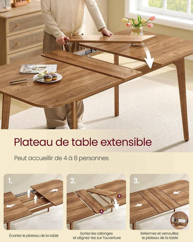 VASAGLE Table de Salle à Manger, Plateau Extensible, Capacité de Charge de 120 kg, pour Salle à Manger, Bureau ou Espace de Travail, Design Épuré, Marron Miel KDT090K01