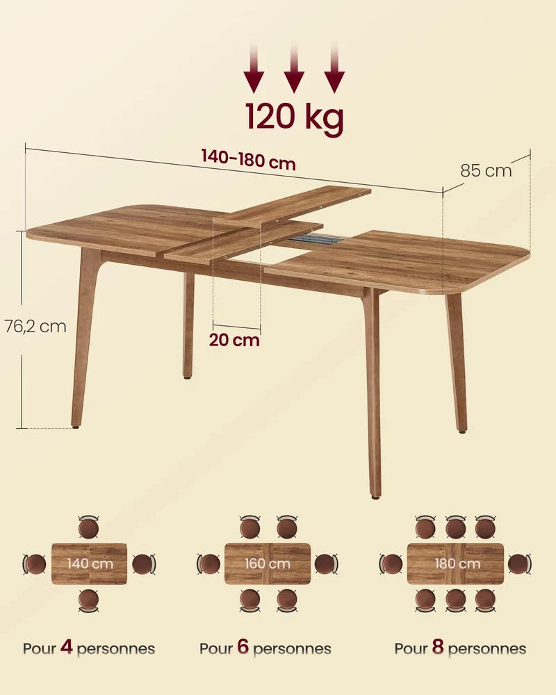 VASAGLE Table de Salle à Manger, Plateau Extensible, Capacité de Charge de 120 kg, pour Salle à Manger, Bureau ou Espace de Travail, Design Épuré, Marron Miel KDT090K01