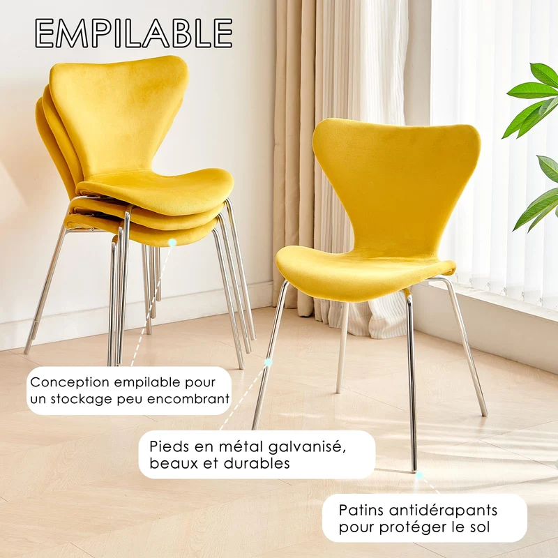 U2PICK Chaises de Salle à Manger en Velours rembourré avec Pieds chromés, empilables, légères et sans accoudoirs pour Cuisine, Bureau, vestiaire, Salon (Jaune, 2 pièces)