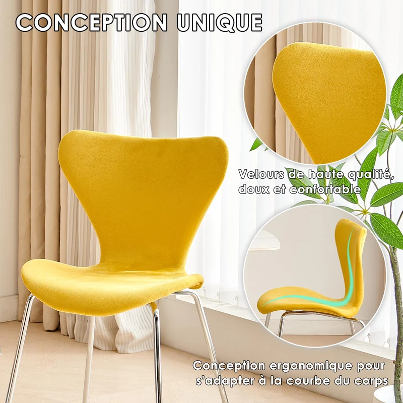 U2PICK Chaises de Salle à Manger en Velours rembourré avec Pieds chromés, empilables, légères et sans accoudoirs pour Cuisine, Bureau, vestiaire, Salon (Jaune, 2 pièces)