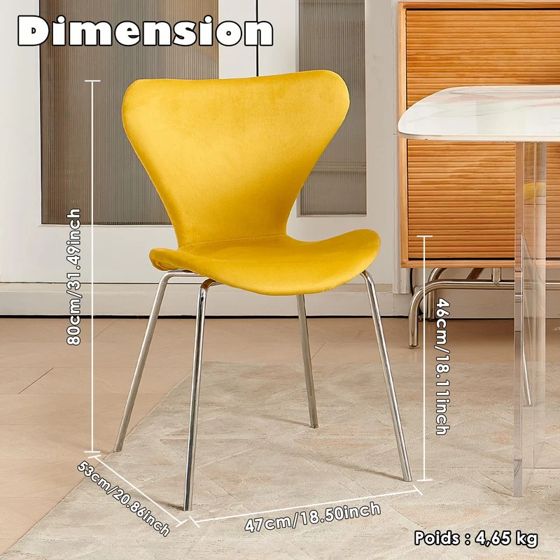 U2PICK Chaises de Salle à Manger en Velours rembourré avec Pieds chromés, empilables, légères et sans accoudoirs pour Cuisine, Bureau, vestiaire, Salon (Jaune, 2 pièces)