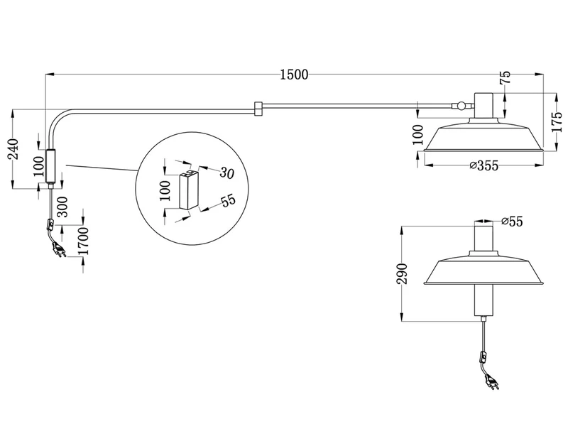 meineWunschleuchte Applique murale orientable avec prise et interrupteur, portée max. 150 cm