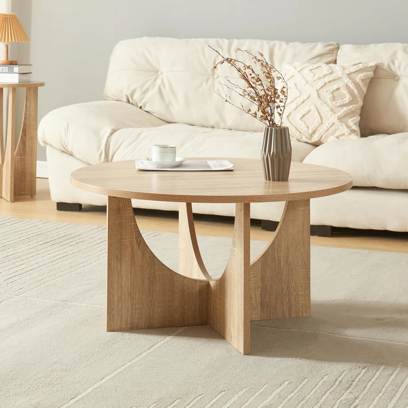 [en.casa] Table Basse de Salon avec Plateau Rond Table d'Appoint Style Intemporel Bout de Canapé pour Salle de Séjour Chambre Bureau Panneau de Particules 80 x 42 cm Effet Chêne