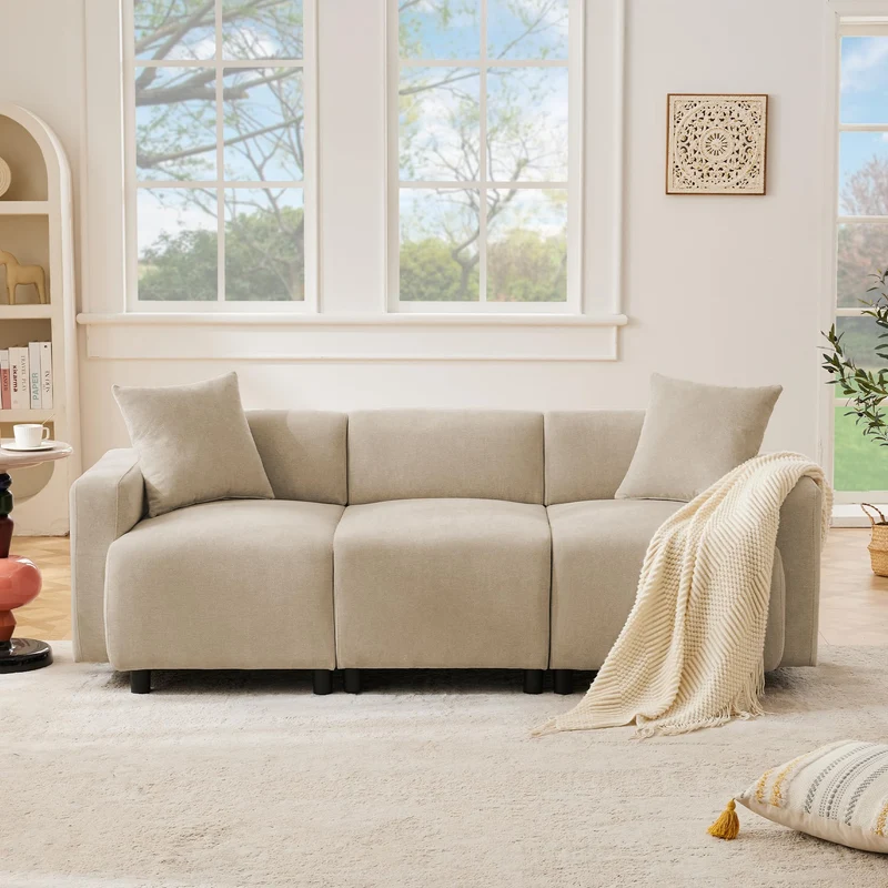 Zepneiy Canapé 3 Places Moderne Design, Canapé 3 Places avec 2 Coussins, Meuble Salon Rembourré Canapé, Moderne Canapé en Chenille-Stoff pour Appartement Bureau, Beige