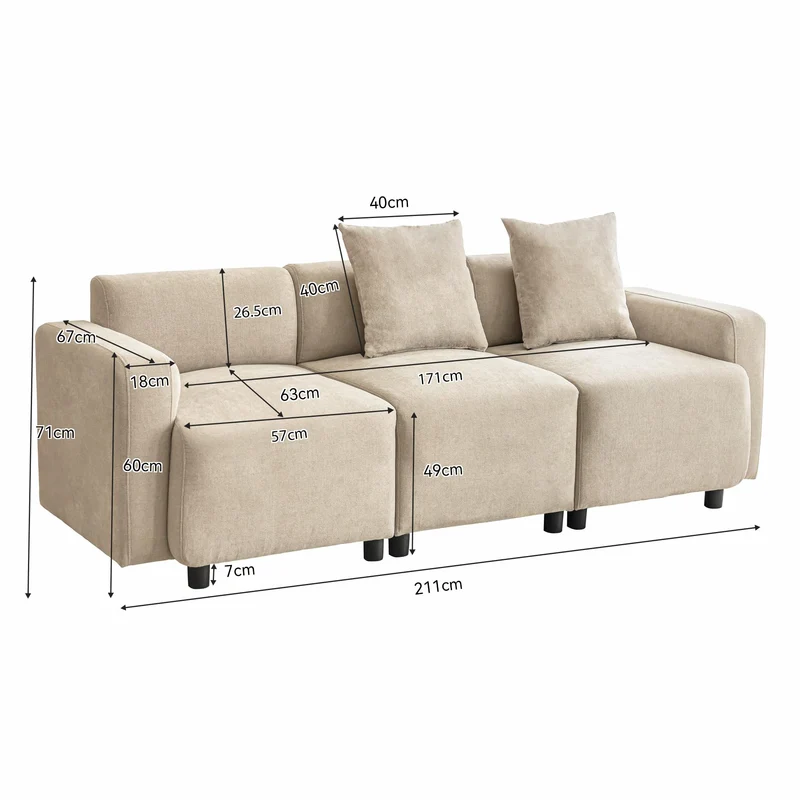 Zepneiy Canapé 3 Places Moderne Design, Canapé 3 Places avec 2 Coussins, Meuble Salon Rembourré Canapé, Moderne Canapé en Chenille-Stoff pour Appartement Bureau, Beige