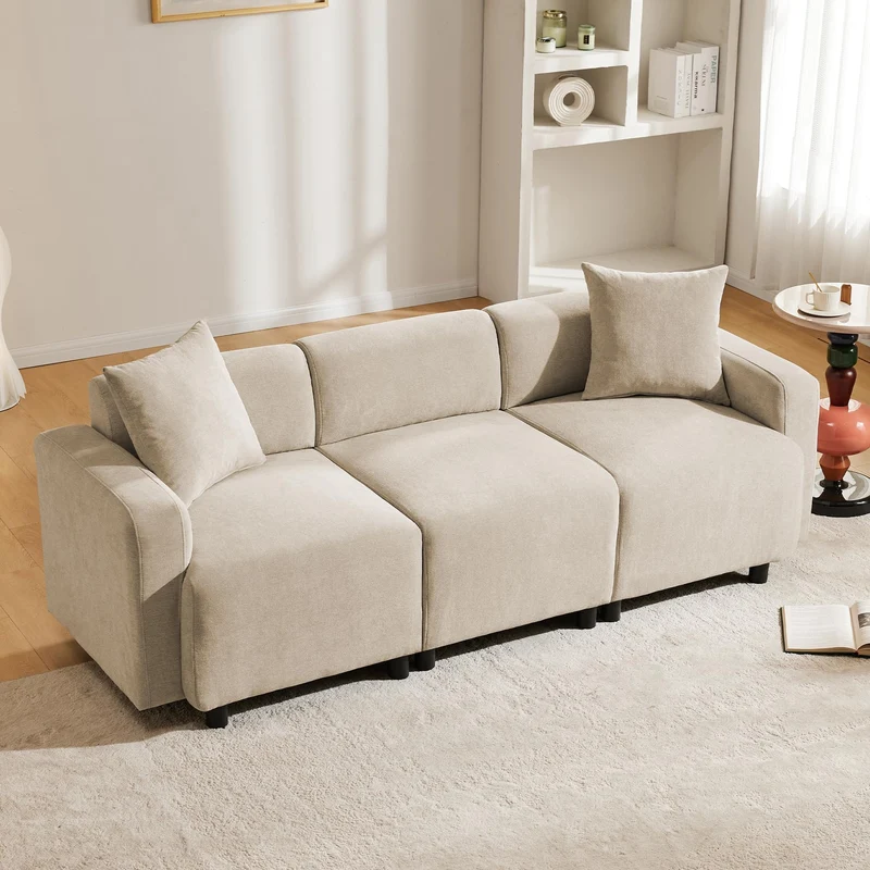 Zepneiy Canapé 3 Places Moderne Design, Canapé 3 Places avec 2 Coussins, Meuble Salon Rembourré Canapé, Moderne Canapé en Chenille-Stoff pour Appartement Bureau, Beige