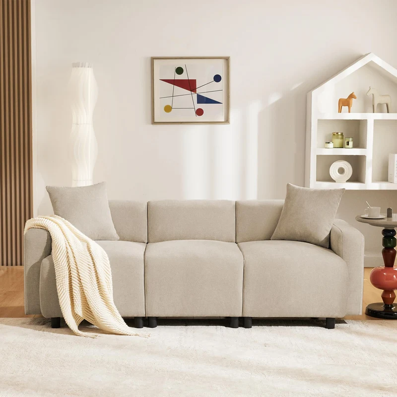 Zepneiy Canapé 3 Places Moderne Design, Canapé 3 Places avec 2 Coussins, Meuble Salon Rembourré Canapé, Moderne Canapé en Chenille-Stoff pour Appartement Bureau, Beige