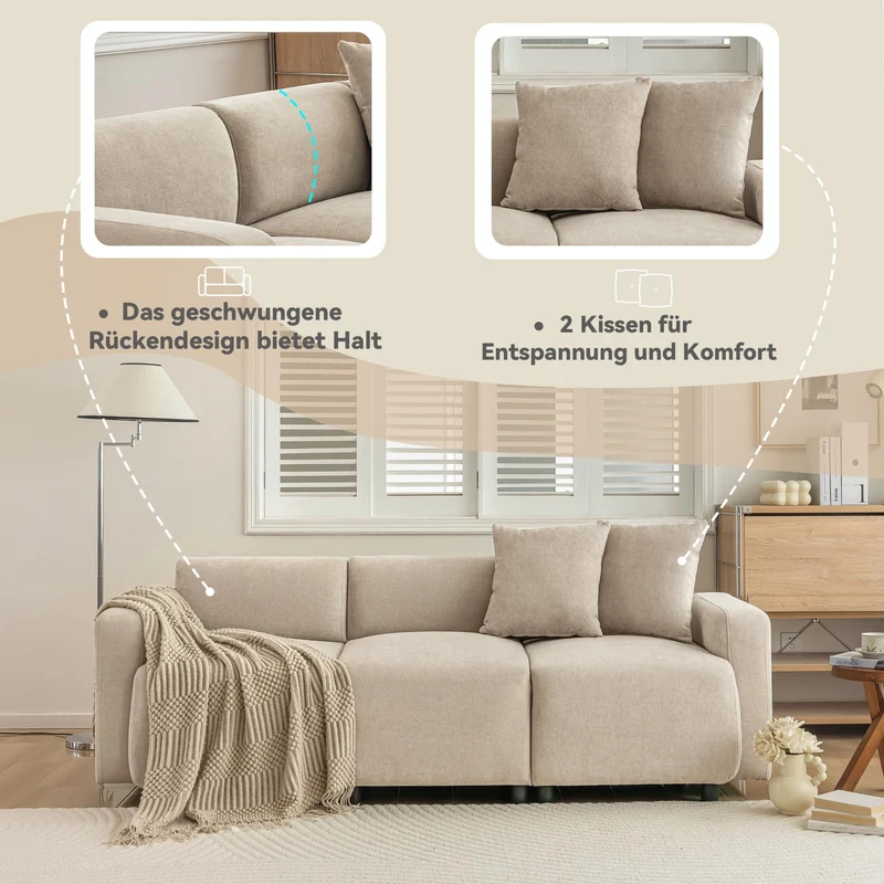 Zepneiy Canapé 3 Places Moderne Design, Canapé 3 Places avec 2 Coussins, Meuble Salon Rembourré Canapé, Moderne Canapé en Chenille-Stoff pour Appartement Bureau, Beige