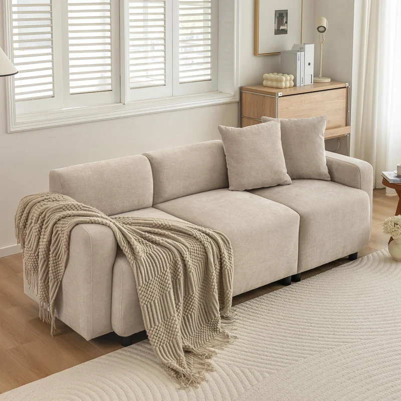 Zepneiy Canapé 3 Places Moderne Design, Canapé 3 Places avec 2 Coussins, Meuble Salon Rembourré Canapé, Moderne Canapé en Chenille-Stoff pour Appartement Bureau, Beige