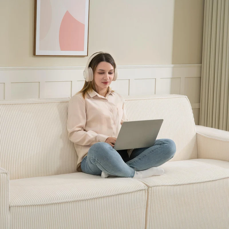 HOMCOM Canapé 3 Places en Velours côtelé 230 cm, canapé Moderne avec Assise et accoudoirs rembourrées, entièrement compressé Pas de Montage nécessaire, pour Salon, Chambre, Bureau, Beige