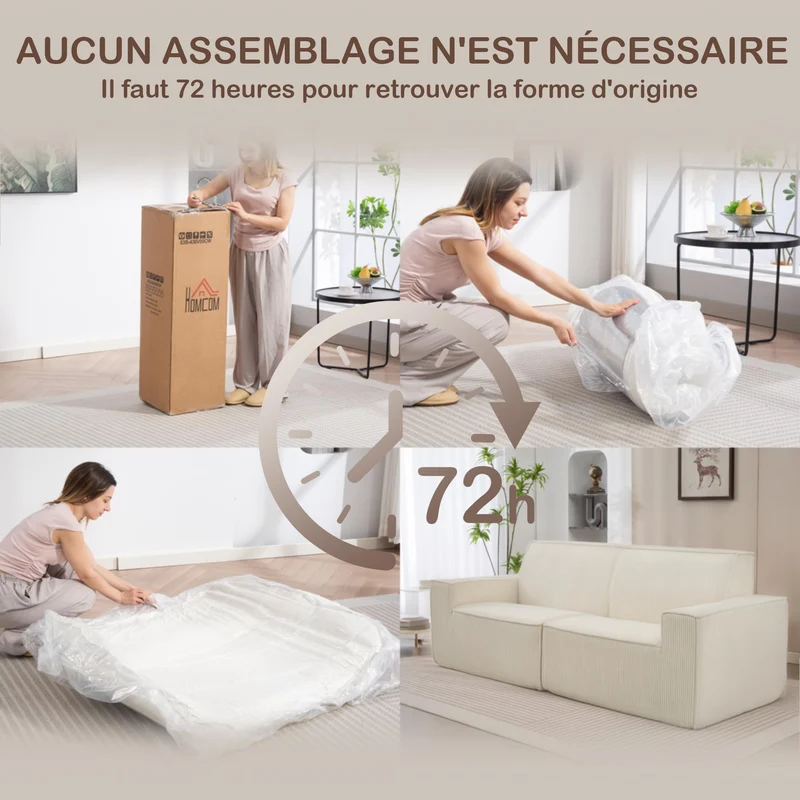 HOMCOM Canapé 3 Places en Velours côtelé 230 cm, canapé Moderne avec Assise et accoudoirs rembourrées, entièrement compressé Pas de Montage nécessaire, pour Salon, Chambre, Bureau, Beige