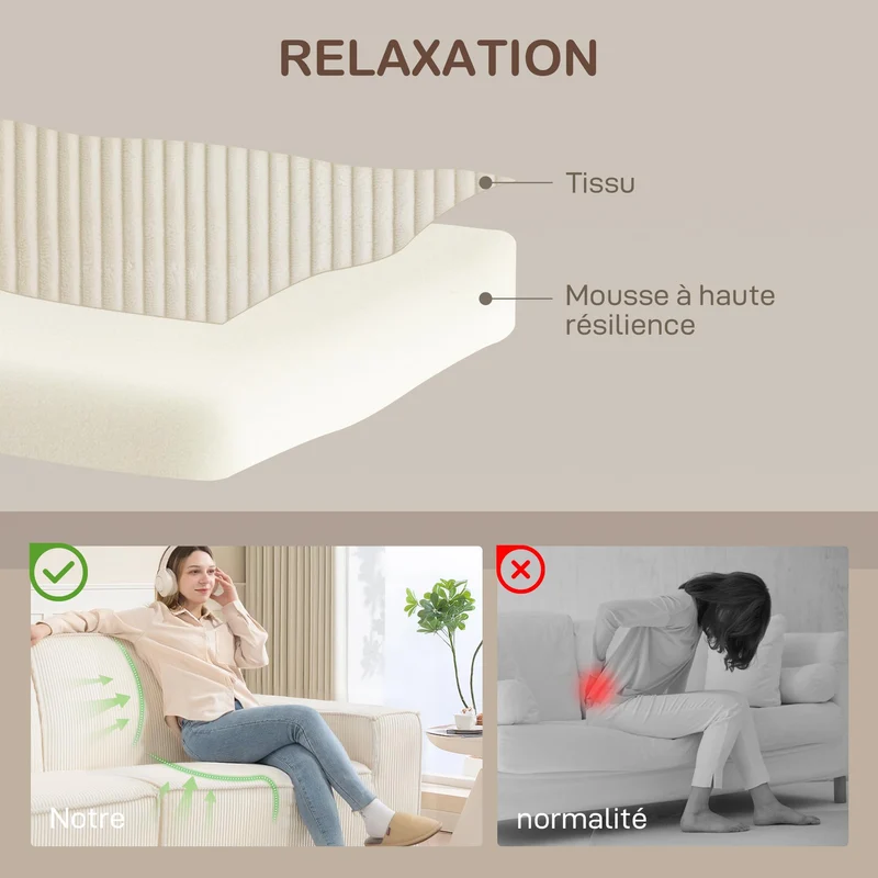 HOMCOM Canapé 3 Places en Velours côtelé 230 cm, canapé Moderne avec Assise et accoudoirs rembourrées, entièrement compressé Pas de Montage nécessaire, pour Salon, Chambre, Bureau, Beige