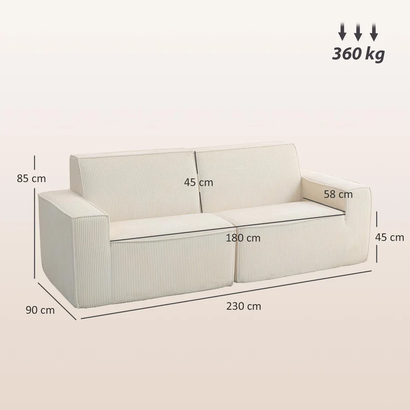 HOMCOM Canapé 3 Places en Velours côtelé 230 cm, canapé Moderne avec Assise et accoudoirs rembourrées, entièrement compressé Pas de Montage nécessaire, pour Salon, Chambre, Bureau, Beige