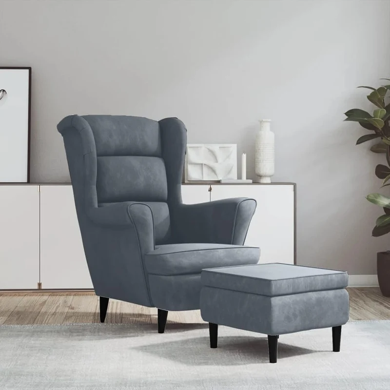 vidaXL Fauteuil à Oreilles avec Tabouret Chaise de Relaxation Siège de Salon Meuble de Salle de Séjour Maison Intérieur Gris Foncé Velours