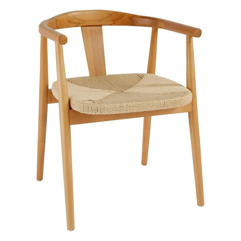 Chaise Fauteuil de Table en Bois Naturel et Assise tressée Beige H 73 cm - Atmosphera