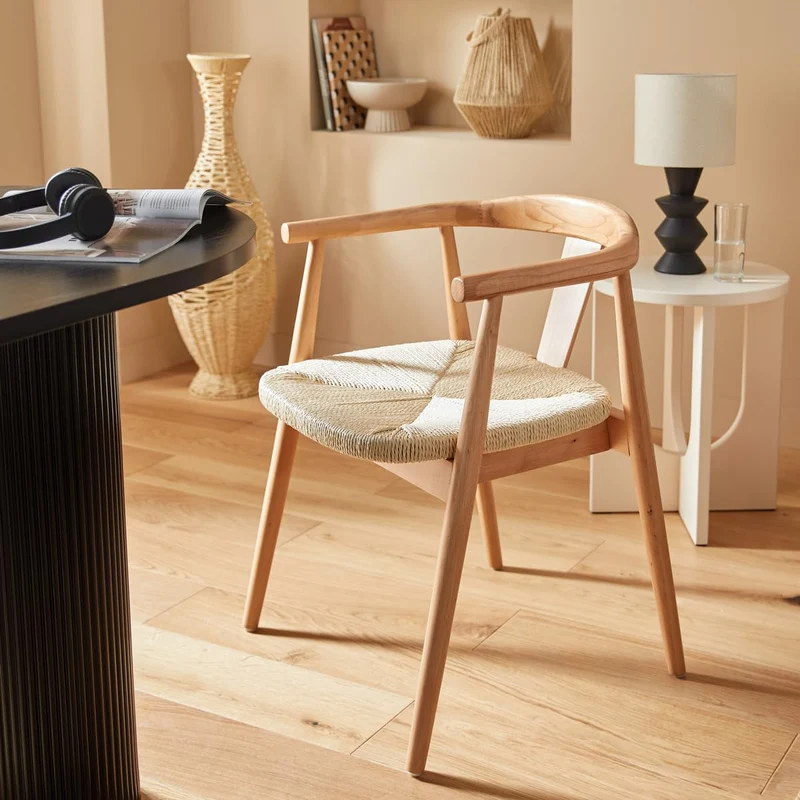 Chaise Fauteuil de Table en Bois Naturel et Assise tressée Beige H 73 cm - Atmosphera