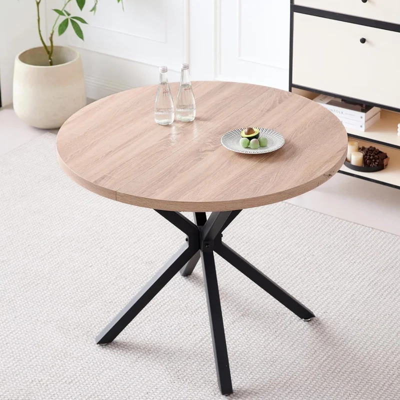 BenyLed Table Ronde avec Pieds Robustes en Forme de X, 100cm*100cm*76.5cm pour Cuisine, Petit Espace, Appartement (Grain de Bois Clair)