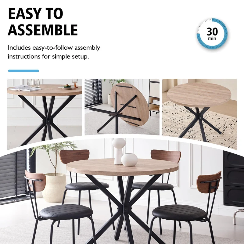 BenyLed Table Ronde avec Pieds Robustes en Forme de X, 100cm*100cm*76.5cm pour Cuisine, Petit Espace, Appartement (Grain de Bois Clair)