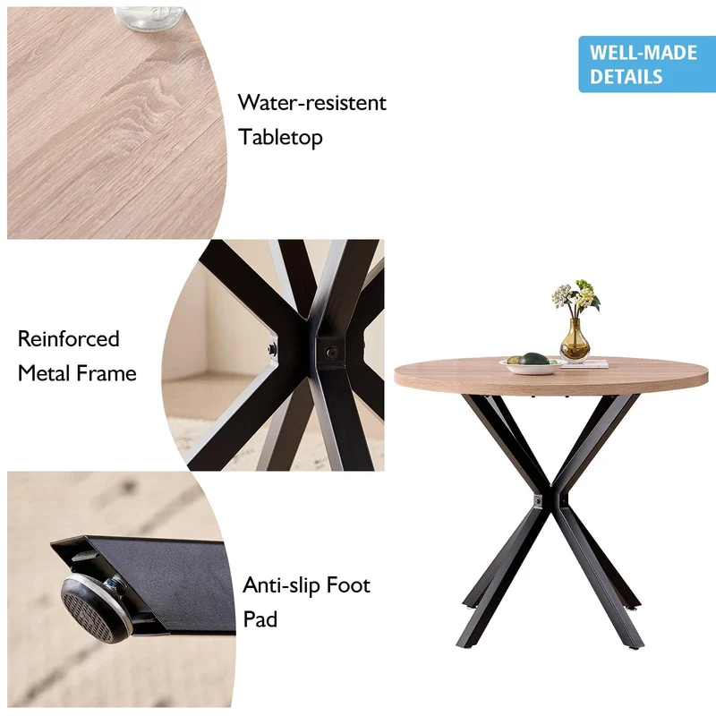 BenyLed Table Ronde avec Pieds Robustes en Forme de X, 100cm*100cm*76.5cm pour Cuisine, Petit Espace, Appartement (Grain de Bois Clair)