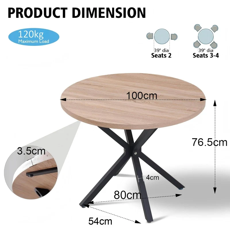 BenyLed Table Ronde avec Pieds Robustes en Forme de X, 100cm*100cm*76.5cm pour Cuisine, Petit Espace, Appartement (Grain de Bois Clair)