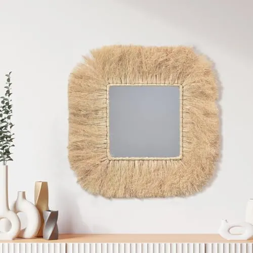 FLCPJGV Miroir de Ferme en Paille tressée, Miroir décoratif, Miroir bohème pour Salle de Bain et Appartement, CarrÉ