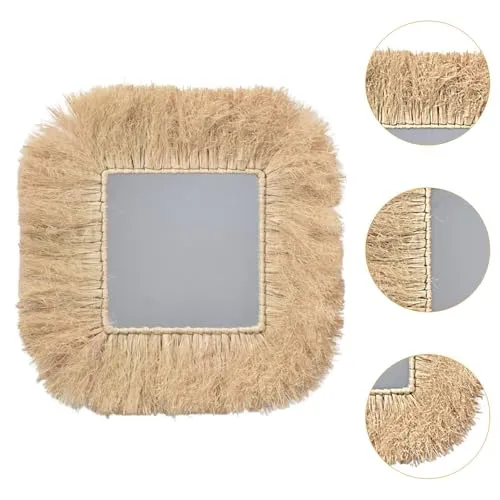 FLCPJGV Miroir de Ferme en Paille tressée, Miroir décoratif, Miroir bohème pour Salle de Bain et Appartement, CarrÉ